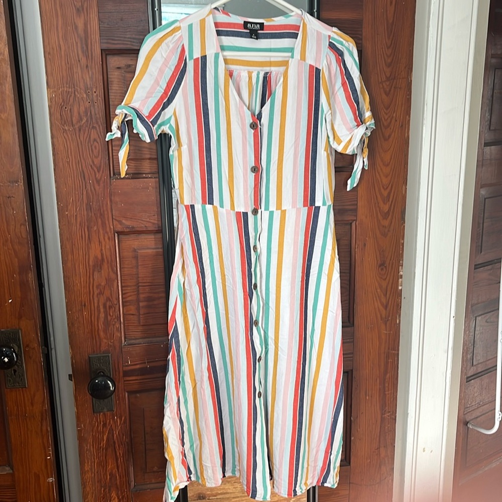 A.N.A Rainbow striped dress key hole sleeve size Small